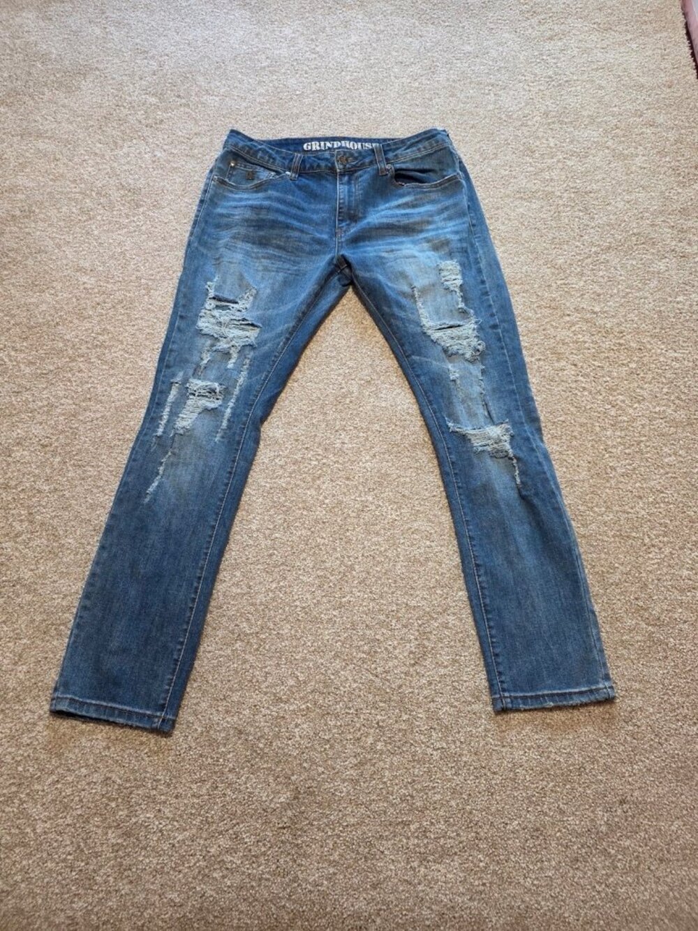 Grindhouse Denim Men’s Distressed Medium Wash Straight Leg Jeans Size 34X32